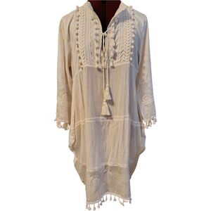 Misslook Ivory V-Neck 3/4 Sleeve Sheer Lace Fringe Tunic Dress Size Small